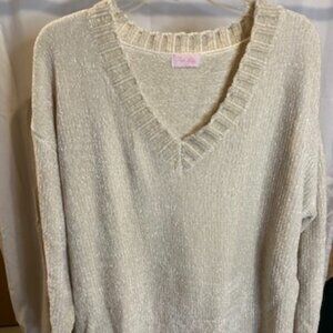 Pink Lily Ivory Chenille V-Neck Sweater Women’s Size Large